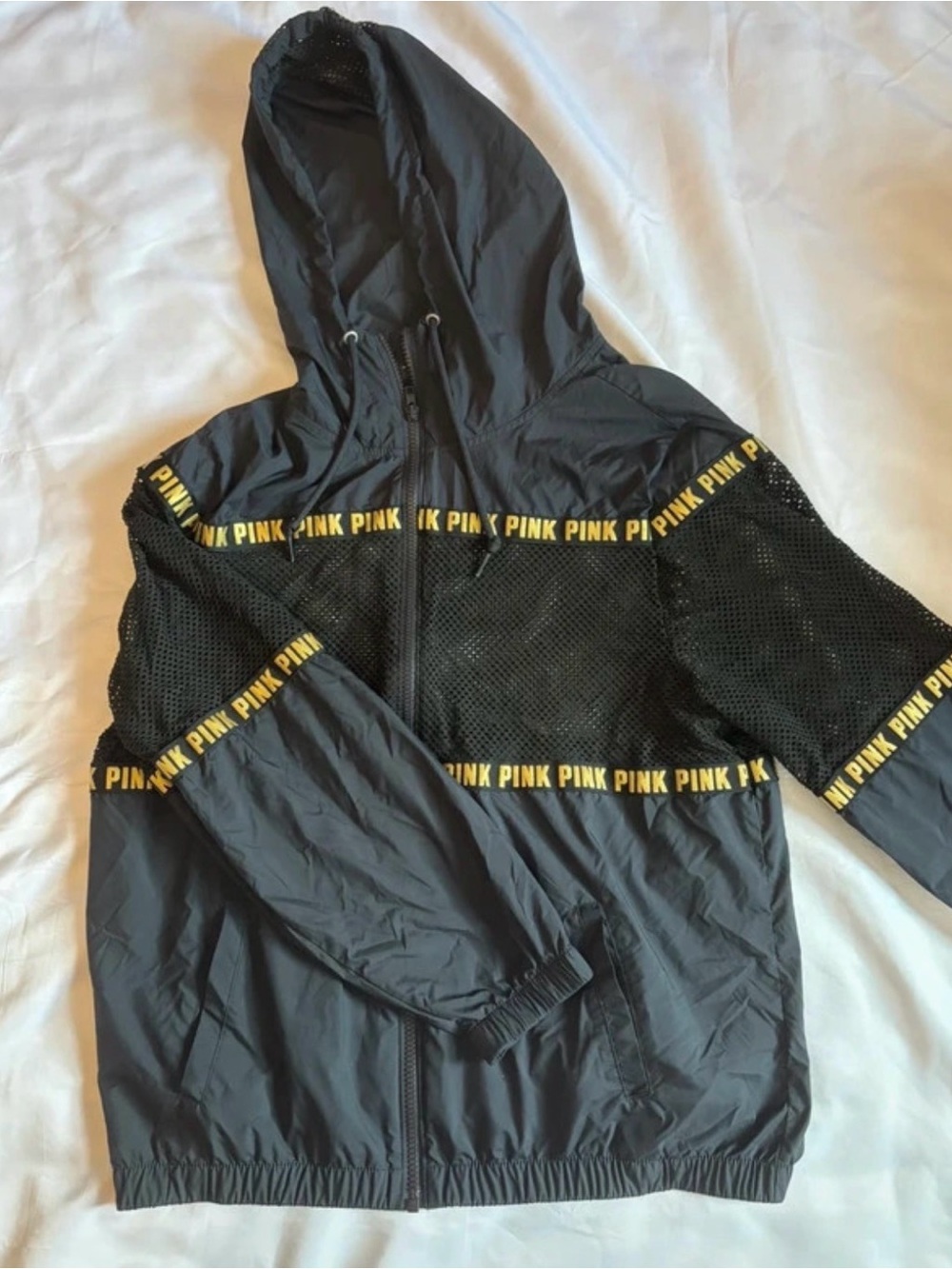 PINK Victoria's Secret Black Windbreaker with Yellow Logo Tape